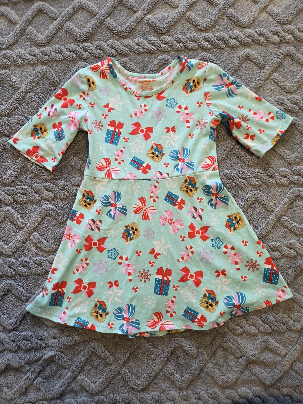 Nickelodeon Mint Holiday Bow & Gift Print Dress with Red and Blue Accents